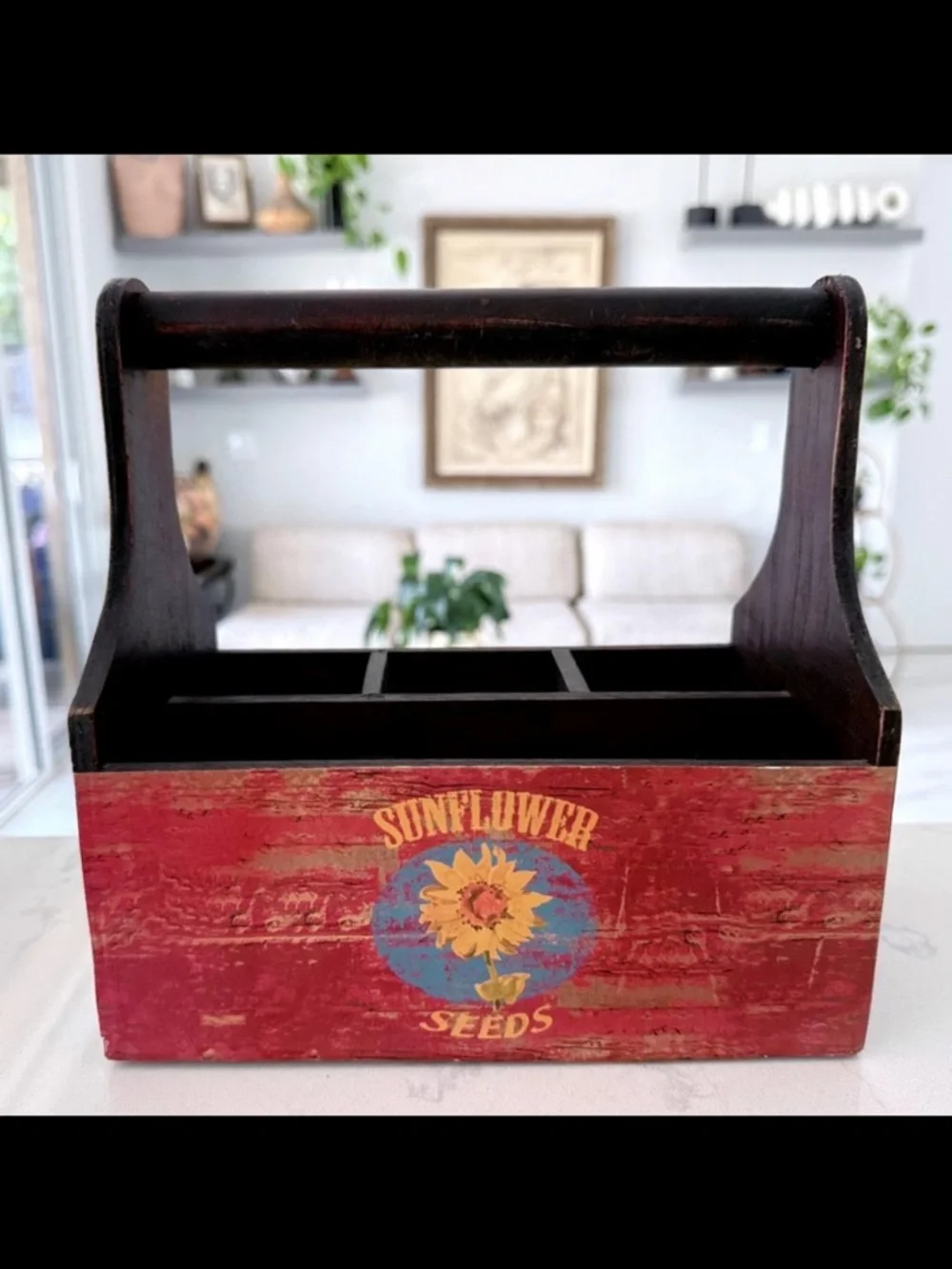 Farmhouse Wood Caddy Organizer Vintage Tomatoes Sunflower Seeds Two-Sided Box